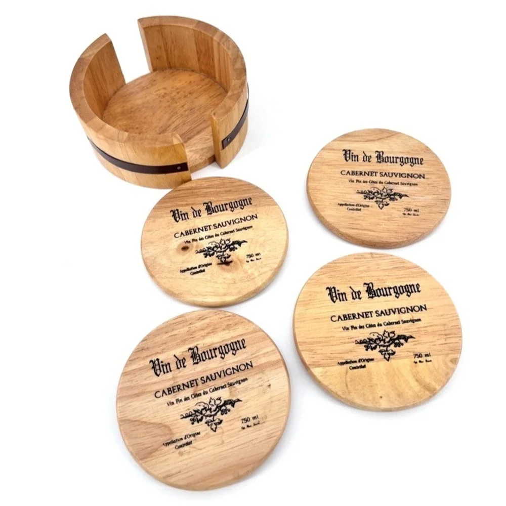 Wine Cask Wooden Coaster Set of 4 Cabernet Sauvignon w Barrel Holder